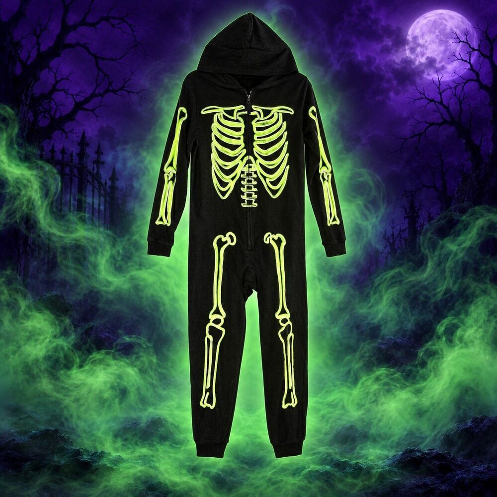 Cat & Jack Kids XL 14 Glow in Dark Skeleton One Piece Pajamas Halloween Costume